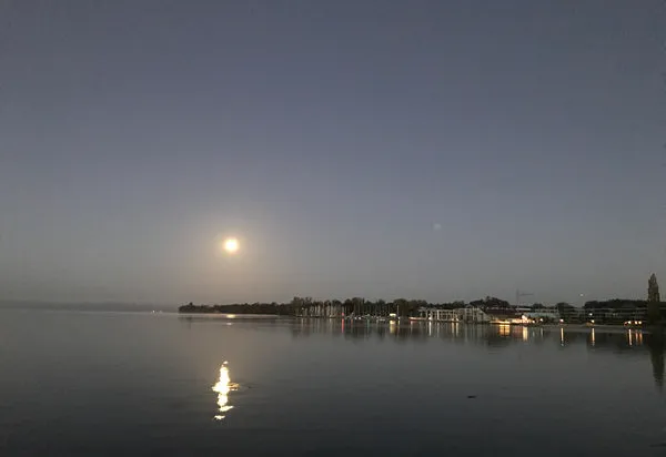 Mond über dem Bodensee am frühen Morgen
